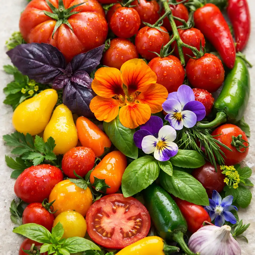 Friss piaci alapanyagok: paradicsom, paprika és fűszernövények kőfelületen